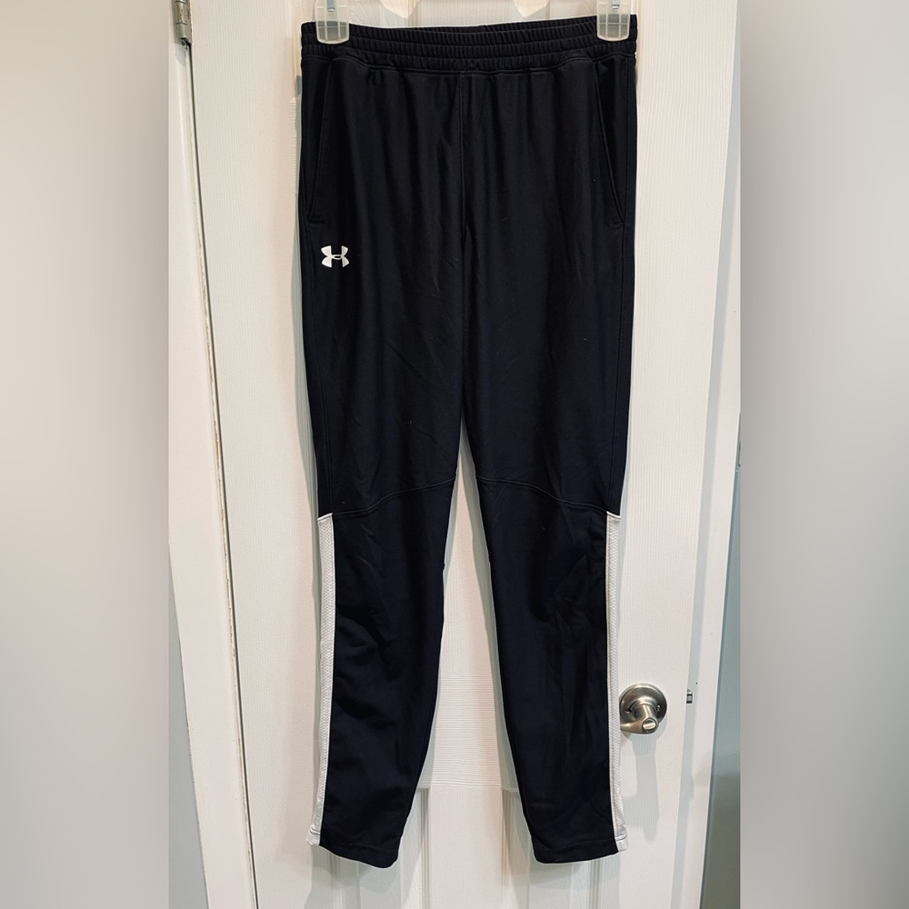 Under Armour Track Pants Men’s M Black Fitted White Side Stripe Ankle Zip